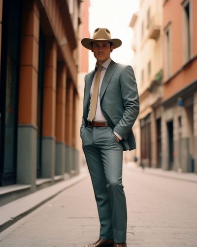 Modischer Blauer Anzug mit Cowboyhut